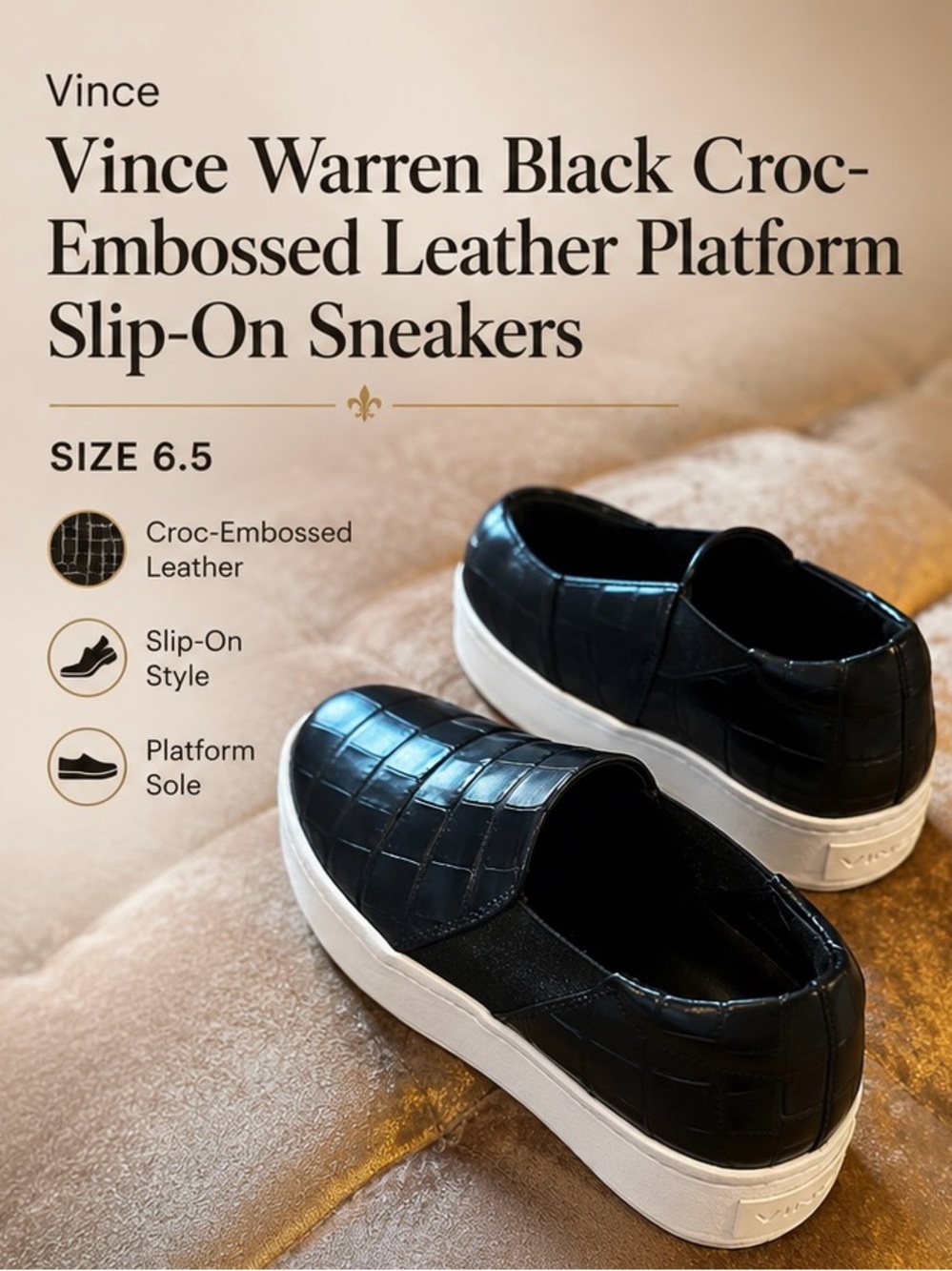 Vince Warren Black Croc-Embossed Leather Platform Slip-On Sneakers, size 6.5